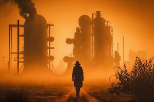 ilustración de un hombres en pie mirando a tóxico vapores desde un petroquímico refinería a amanecer. generativo ai. foto