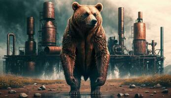 bear stands watching a petrochemical refinery at sunrise. Generative AI. photo