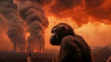 The monkey sits and looks at the chemicals above the factory. Generative AI. photo