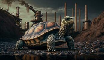 turtle stands watching a petrochemical refinery at sunrise. Generative AI. photo