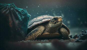 A turtle sleeps among the piles of plastic waste, concept of saving the world. Generative AI. photo