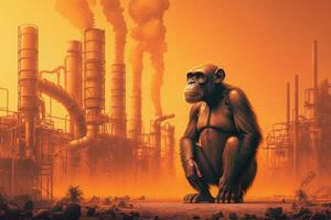 A monkey stands in front of chemicals above the factory. Generative AI. photo