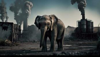 elephant stands watching a petrochemical refinery at sunrise. Generative AI. photo