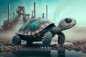 turtle stands watching a petrochemical refinery at sunrise. Generative AI. photo