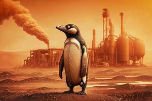 small penguin stand in front Toxic mass from a chemical. AI Generative. photo