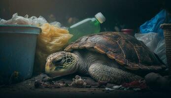 A turtle sleeps among the piles of plastic waste, concept of saving the world. Generative AI. photo