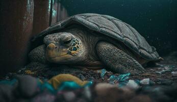 A turtle sleeps among the piles of plastic waste, concept of saving the world. Generative AI. photo