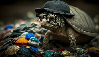 A turtle sleeps among the piles of plastic waste, concept of saving the world. Generative AI. photo