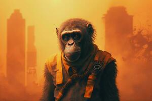 A monkey stands in front of chemicals above the factory. Generative AI. photo