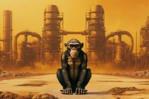 A monkey stands in front of chemicals above the factory. Generative AI. photo