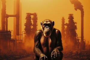 A monkey stands in front of chemicals above the factory. Generative AI. photo