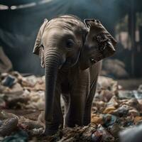 un elefante soportes entre el pila de algo de el plastico residuos mirando para comida y refugio, concepto de ahorro el mundo. generativo ai. foto