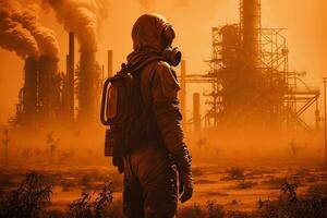 ilustración de un hombres en pie mirando a tóxico vapores desde un petroquímico refinería a amanecer. generativo ai. foto