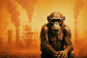 A monkey stands in front of chemicals above the factory. Generative AI. photo