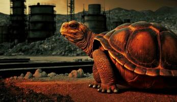 turtle stands watching a petrochemical refinery at sunrise. Generative AI. photo