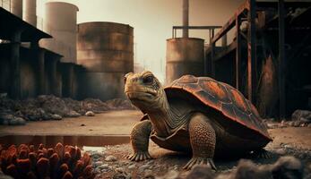 turtle stands watching a petrochemical refinery at sunrise. Generative AI. photo