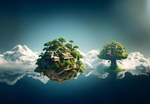 Houses and trees on a floating island on a bright background. AI Generative photo