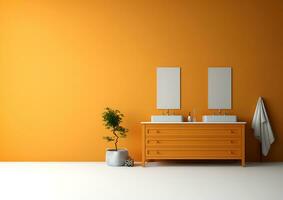 Orange bathroom interior with double sink on empty space for text. AI Generative. photo