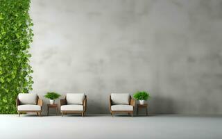 Modern armchairs and empty pattern wall in living room. AI Generative. photo