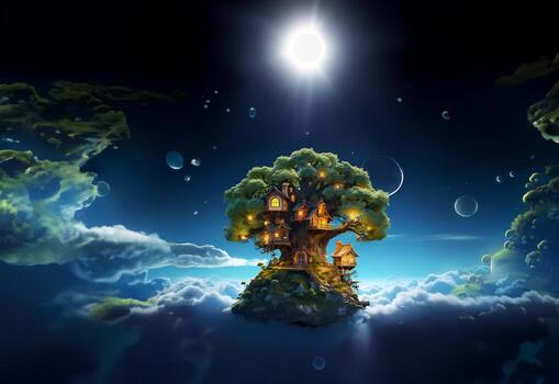 Houses and trees on a floating island on a bright background. AI Generative photo