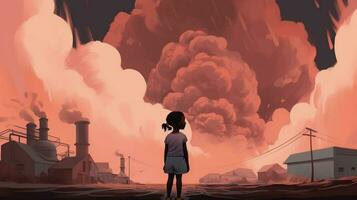 ilustración de un joven niña en pie mirando a tóxico vapores desde un petroquímico refinería a amanecer. generativo ai. foto