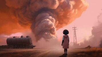 Illustration of a young girl standing looking at toxic fumes from a petrochemical refinery at sunrise. Generative AI. photo