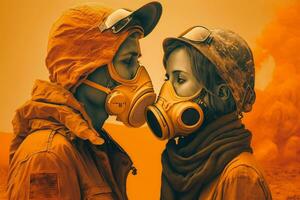 man and woman in protective clothing smoke from pollution. The evolution of humanity beyond catastrophe. Generative AI. photo