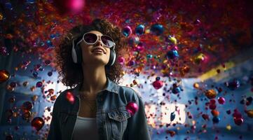 Young woman using virtual reality headset. VR glasses, futuristic, technology, online education, education, video game concept. Generative AI. photo