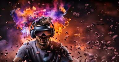 Young man using virtual reality headset. VR glasses, futuristic, technology, online education, education, video game concept. Generative AI. photo
