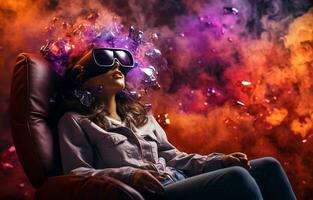 Woman wearing virtual reality headset she is sitting on the sofa future technology and entertainment vr digital. AI Generative. photo