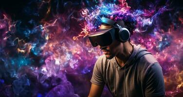 Young man using virtual reality headset. VR glasses, futuristic, technology, online education, education, video game concept. Generative AI. photo