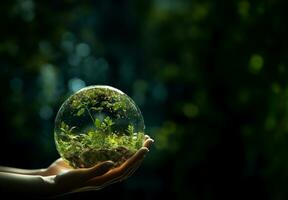 Human hands holding earth sphere crystal with sunlight, green nature background, concept of conservation environmental. AI Generative. photo