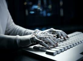 White robot hand on black keyboard in close-up on empty space. AI Generative. photo
