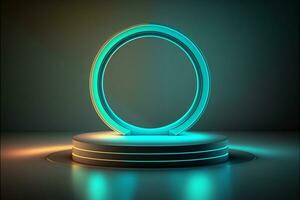 Empty plinth neon light round shape abstract background. Generative AI. photo