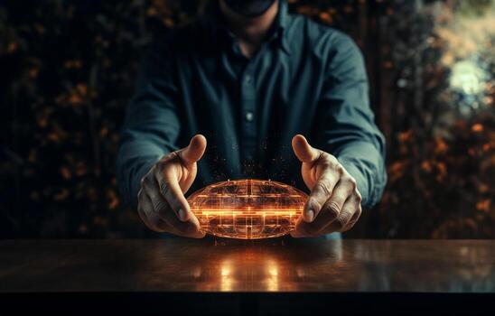 Man hands using cybersecurity interface on empty space for. Generative AI. photo