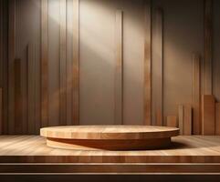 wooden top podium design blocks, cylindrical plinths, concept scenes, stage performances, products, creams, perfumes, with space for text. Modern surreal elements. Generative Ai. photo