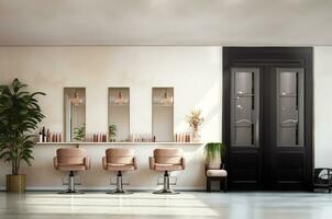 Beauty salon with rows of chairs and panner mirrors. AI Generative. photo