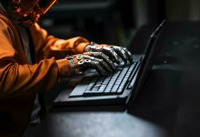 Orange robot hands typing on computer keyboard in close-up on empty space. AI Generative. photo