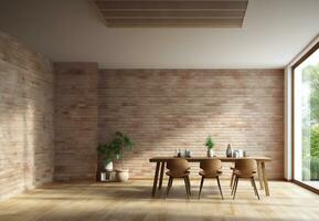 Modern cozy dining room and empty brick wall texture background. AI Generative. photo