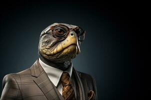 Standing turtle in a suit wearing glasses on agray background. Generative AI. photo