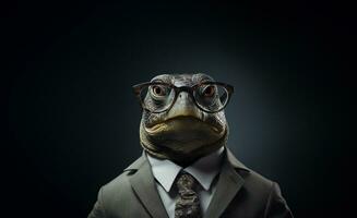 Standing turtle in a suit wearing glasses on agray background. Generative AI. photo