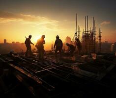 Sunset time with golden light in construction work. Generative AI. photo