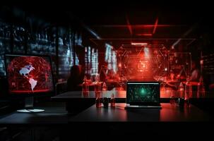 tecnología y Ingenieria concepto hacker ataque sistema, rojo alerta firmar holograma y la seguridad cibernética íconos en vacío espacio para texto. foto