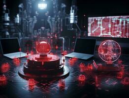Technology and engineering concept Hacker attack system, red alert sign hologram and cybersecurity icons on empty space for text. photo