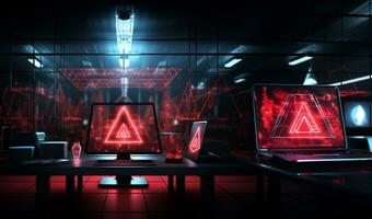 Technology and engineering concept Hacker attack system, red alert sign hologram and cybersecurity icons on empty space for text. photo