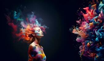 Beautiful fantasy abstract portrait of young woman With colorful digital paint splashes on empty space for text. photo
