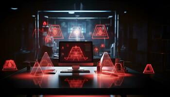 Technology and engineering concept Hacker attack system, red alert sign hologram and cybersecurity icons on empty space for text. photo