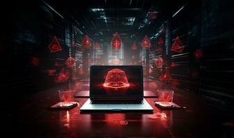 Technology and engineering concept Hacker attack system, red alert sign hologram and cybersecurity icons on empty space for text. photo
