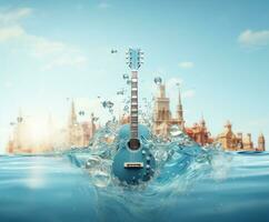 Acoustic guitar in fire and water high resolution acoustic guitar in fire and water Illustration for guitar concert poster. photo