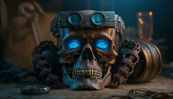 A blue and brown skull robot wearing VR goggles floats aga. AI Generative. photo